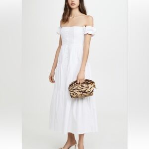 STAUD Elio White Tiered Off the Shoulder Poplin Cotton Midi Dress 6